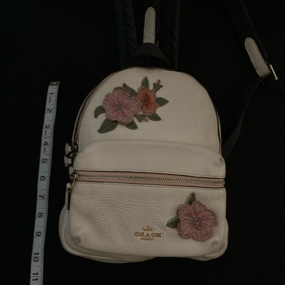 coach charlie backpack white Medium in Signature Canas With Cherry Motif Charlie Backpack In Tea Rose Floral Print Nylon (Coach F57635)Silverblack Multidetailsprinted Nyloninside Zip And Multifunction Pocketszip Coach mini charlie leather -